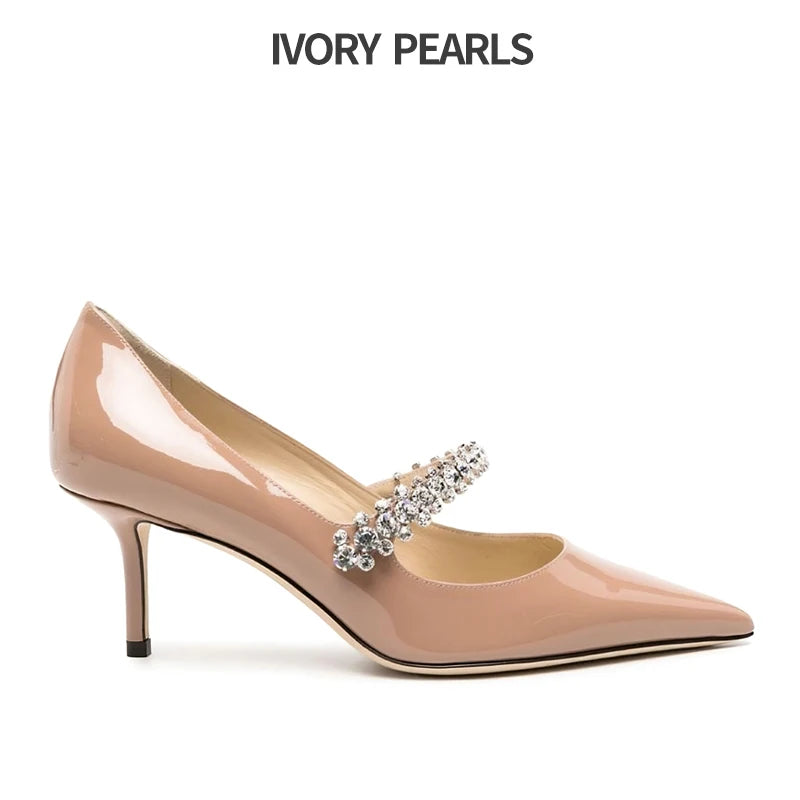 ViscoBright Black Single Shoes with Rhinestones Low Heels Patent Leather Women Dress Shoes Pointed Toe Stilettos with Ankle Strap