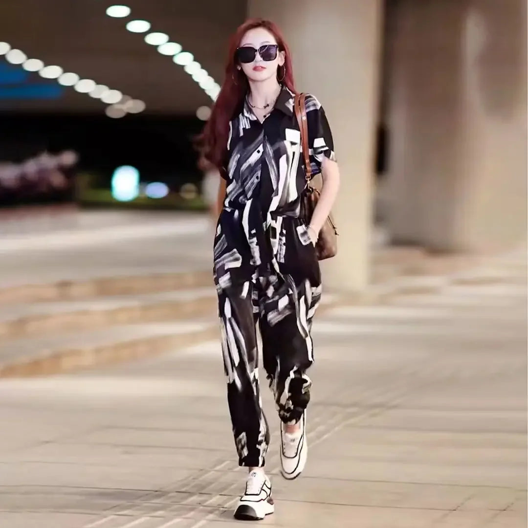 Maxy Women's Pants Two Piece Set Ladies Trouser Floral Summer Promotion Korea Stylish with Sleeve New Matching Clothes D