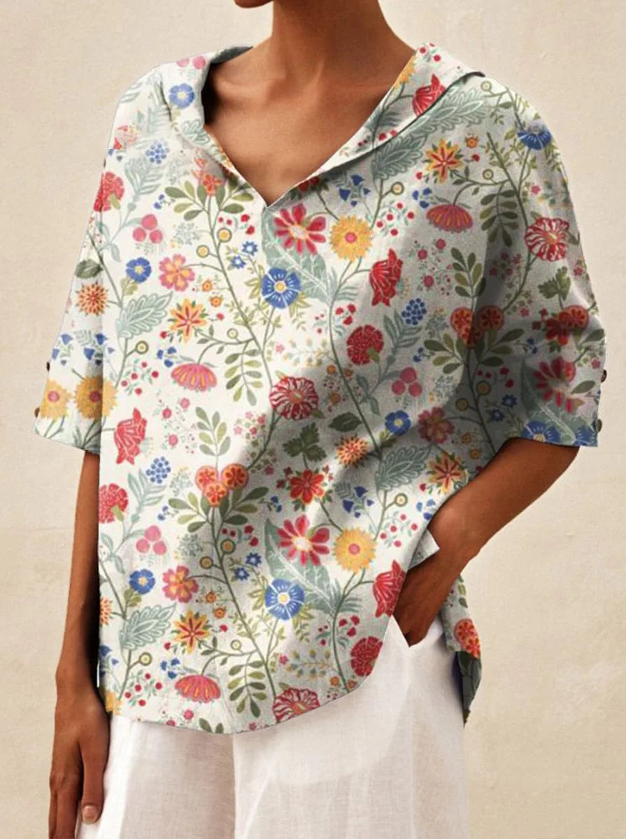 Maxy Women's Loose V-Neck Cotton Linen Shirt, Casual Elegant Summer Blouse Office Wear