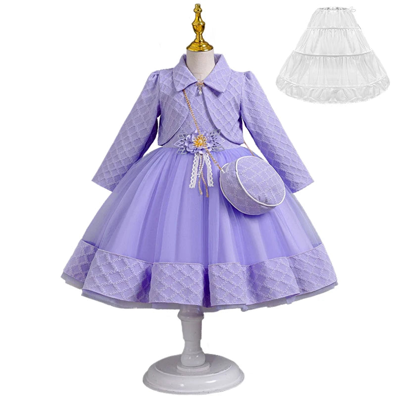 Babs 3Piece Fashion Girls Wedding Bridesmaid Full Sleeve Coat + Dress + Bag Clothing Set Formal Occasion Children's Communion Dresses