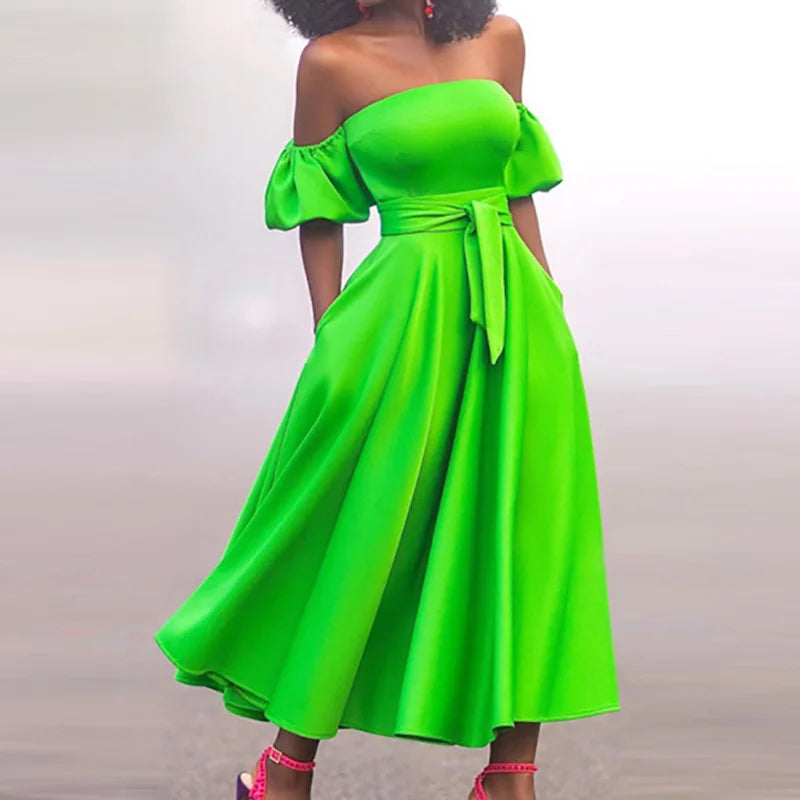 Amay Slim Fit Belt Elegant Lady Midi Dresses Summer Women Off Shoulder Solid Party Dress Slash Neck Short Sleeve Patchwork Club Dress