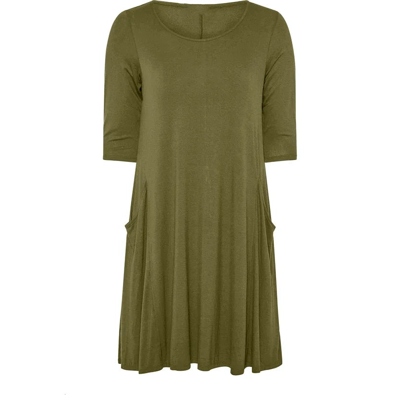 Amay Plus Size Half Sleeve Casual Summer Tunic Dress Pockets Front Loose Straight Midi Dress Large Size Flare Basic T-shirt Dress 7XL