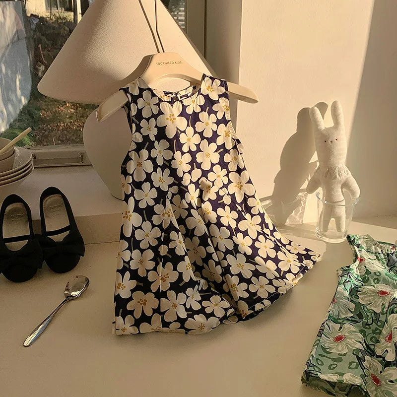 Maxy United States style girl dress summer new crew-neck sundress small and medium-sized children's dress floral style skirt