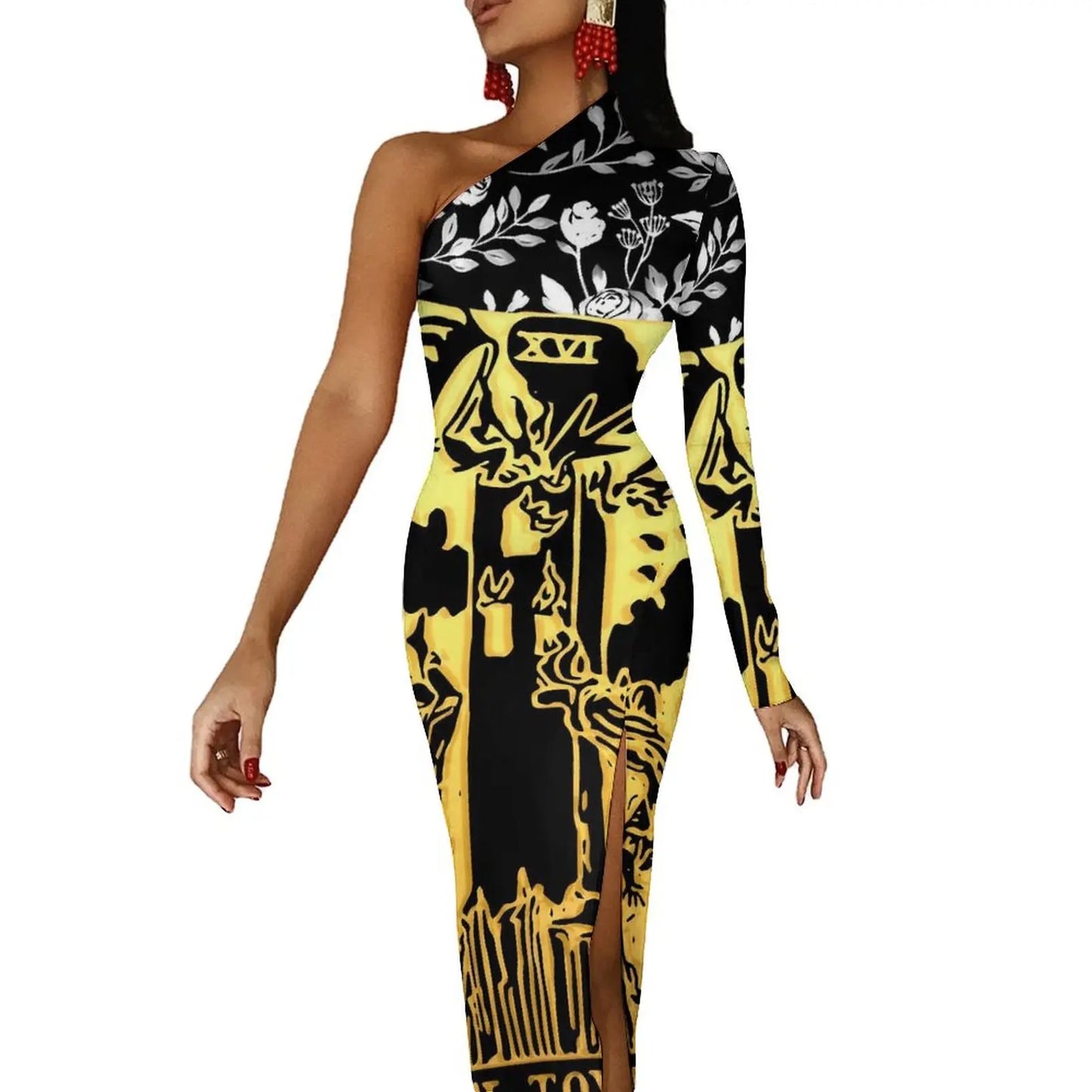 Maxy Gold And Black Tarot Bodycon Dress Women's Major Arcana Night Club Maxy Dress Long Sleeve Party Custom Dresses Birthday Present