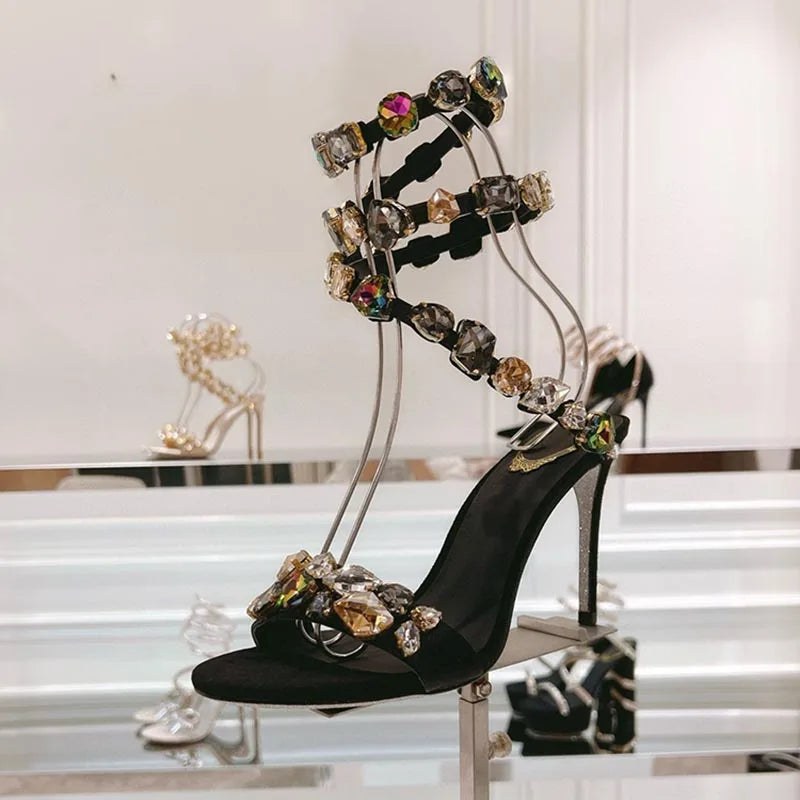 Maxy Dress Shoes Rhinestone Decor Elastic Strap Thin High Heels Sandas Women Snake Shaped Entanglement Sandals Summer Party Shoes