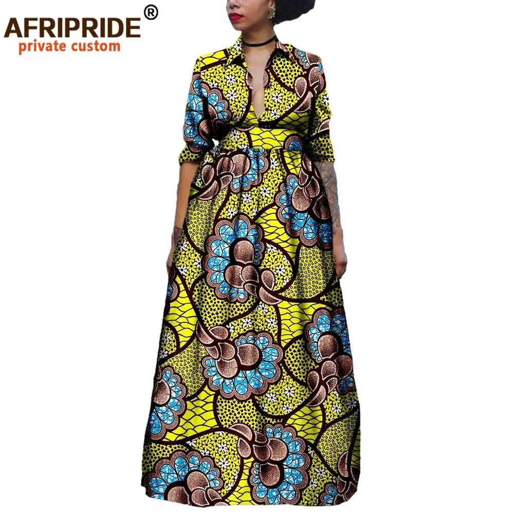 Maxy African Long Dresses for Women Half Sleeve Ankle-length Notched Collar Party Dress Print Ankara AFRIPRIDE A1825075