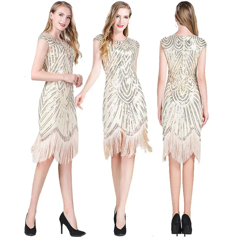 Vintage Glitter Evening Party Dress For Women Sequin Bead Embroidery Tassel Prom Gown Gala Dress Summer Art Deco Retro Black