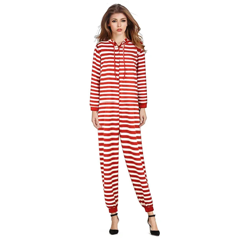 Maxy Couple Onesie Plus Size Christmas Pajamas Red and White Striped Onesies for Adults with Zipper Jumpsuit Hooded Sleepwear