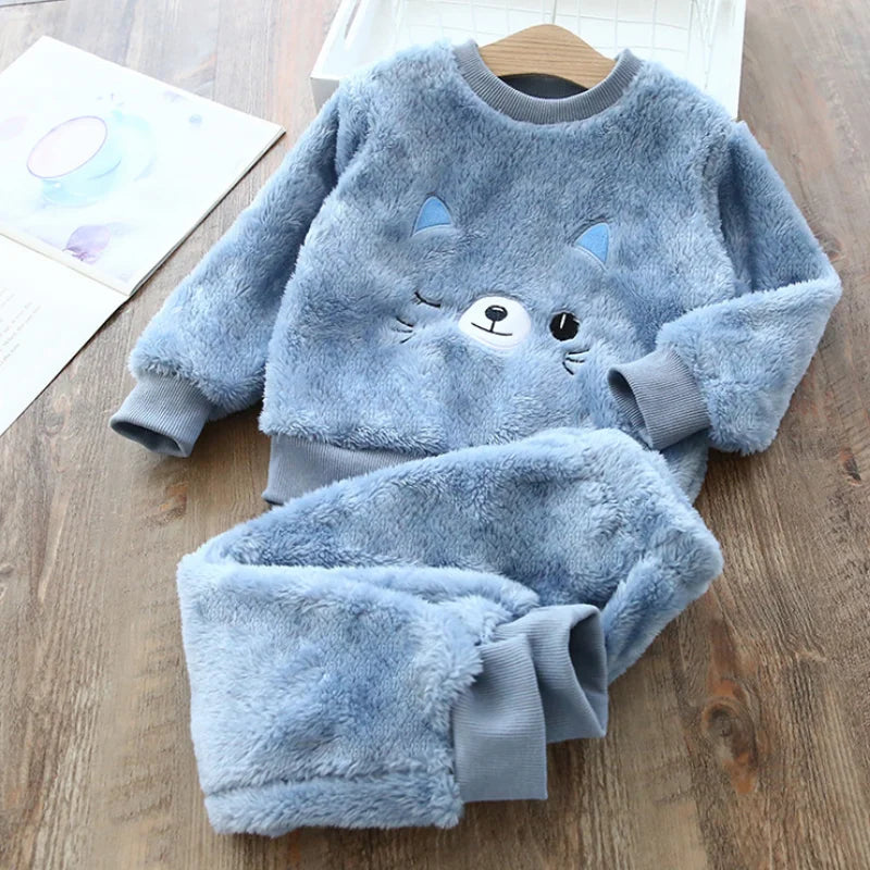 Babs Boy Girl Clothes Pajamas Set Flannel Fleece Toddler Child Warm Catoon Bear Sleepwear Kids Home Suit Winter Fall Spring 1-8Y