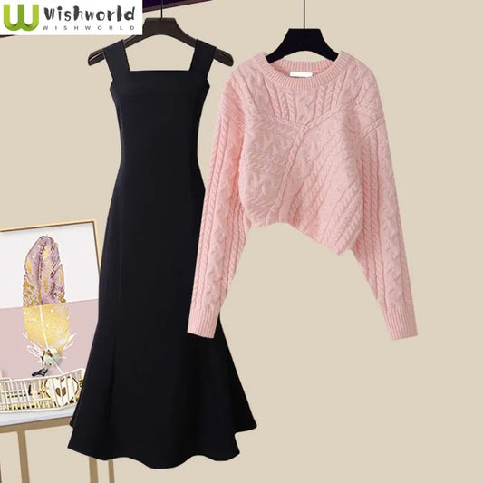 Maxy New Winter Creative Asymmetric Thickened Knit Sweater Pullover Slim Sling Dress Two-piece Elegant Women's Skirt Set Outfit