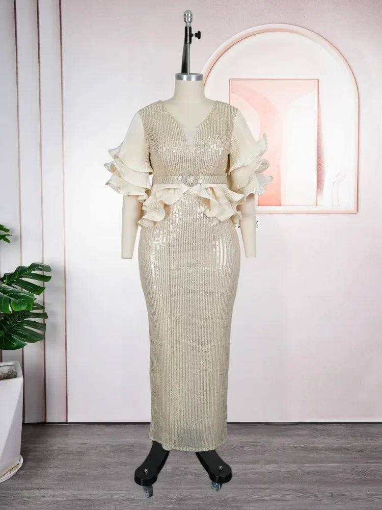 Maxy Elegant Party Dress for Women Turkey Muslim Wedding Evening Gown Dashiki Sequin Sexy Bodycon Long Dress with Slit