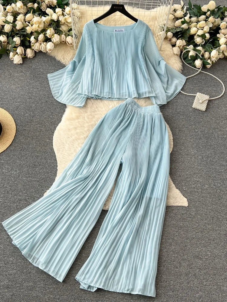 Maxy New Women Causal Chiffon Two Piece Set Spring Summer Loose Oversized Shirt Top High Waist Straight Leg Pants Pleated Suits