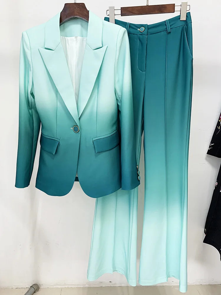 Maxy High Quality Gradient Color Suit Bell Bottoms Design Office Formal Female Fashion Sexy Elegant Graduation Dress Club Formal
