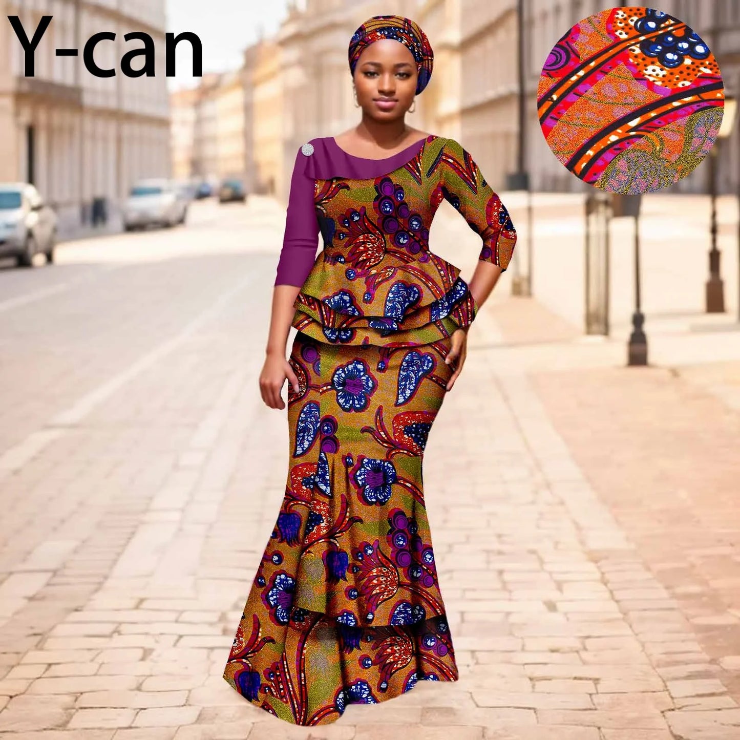 Maxy New African Dresses for Women Dashiki Print Patchwork Top and Mermaid Skirt Match Turban Traditional Wedding Party Dress 2526004