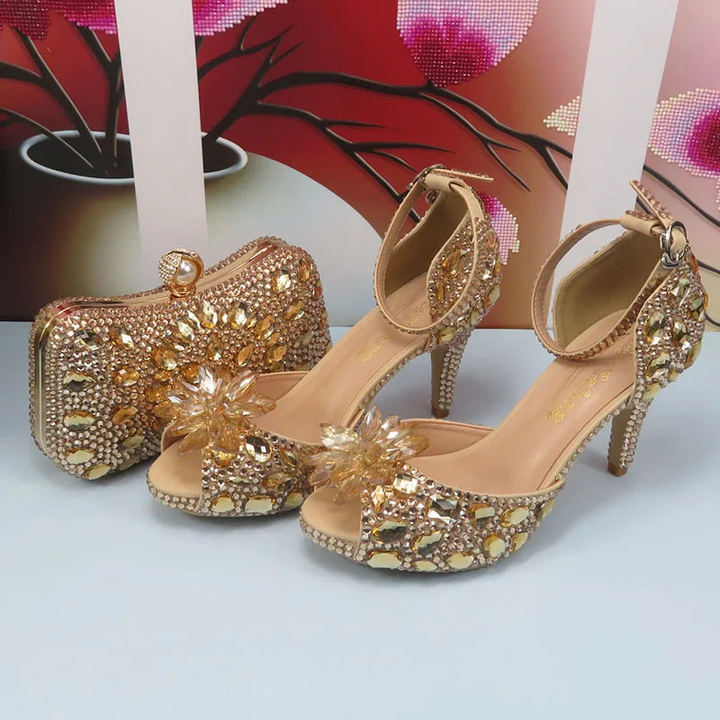 Maxy Champagne Gold Wedding shoes and purse for Women Bridal Fashion High Pumps Open Toe Party Shoe and bag Ankle Strap