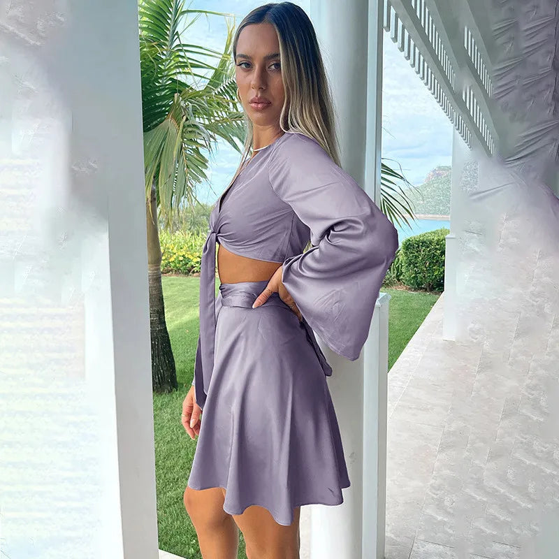 Maxy Sexy Y2k Two Piece Set Women Autumn White Lantern Long Sleeve Crop Cardigan Tops Elegant  Suits Lace Up Wrap Sexy Mini Skirts