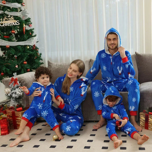 New Year's Clothes Flannel Warm Thicken One-Piece Suit Christmas Pajamas Set Zipper Hooded Jumpsuit Romper Xmas Family Look Pjs