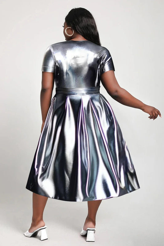 Maxy Plus Size Women Sequin Dress Short Sleeve Round Neck Solid Pleated A-Line Party Club Evening Midi Summer Dresses for Women dress