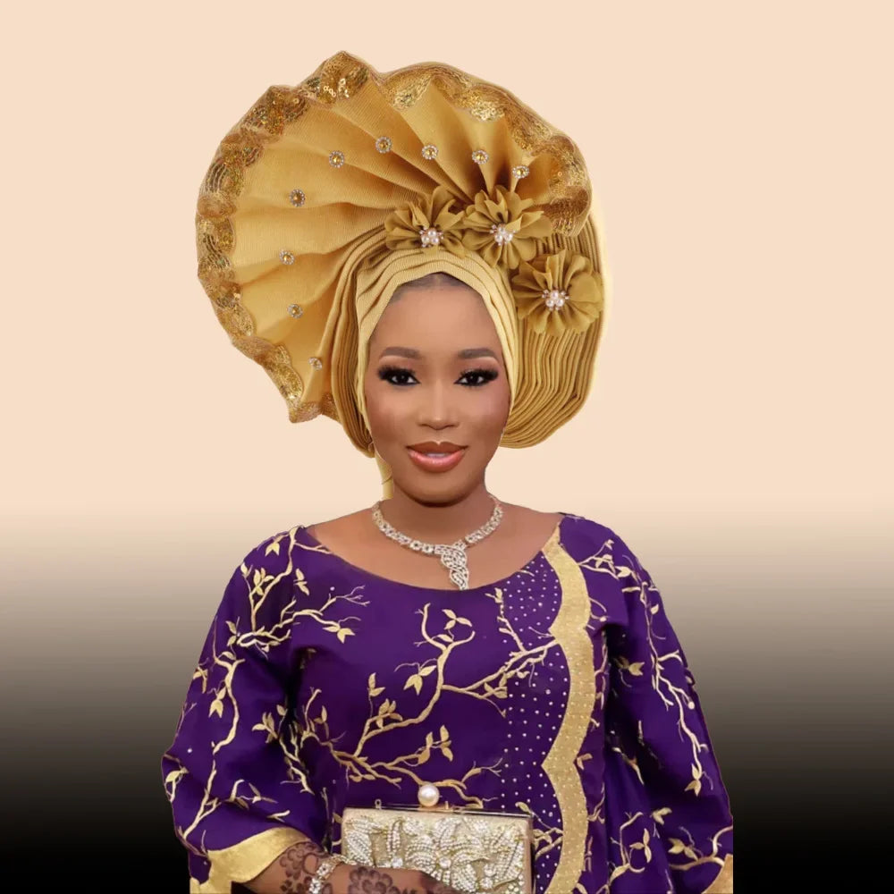 Maxy Beaded Turban Cap for Women Wedding Headwear Auto Gele Aso Oke Headties Hijab Bonnet Head Wrap Hat Nigeria Headgear
