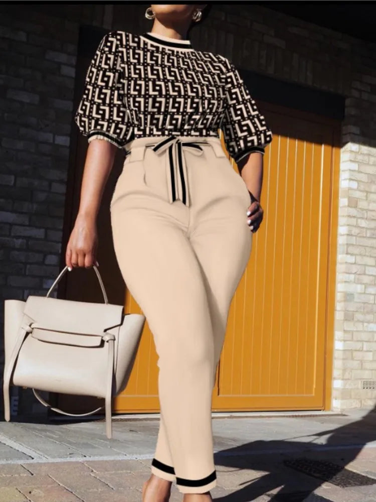 Maxy Fashion Plaid Print Two Pieces Sets Women's Autumn Lanntern Sleeve Top & High Waist Tied Slim Long Pants Casual Streetwear Set