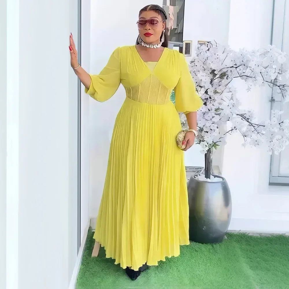 Aelegant African Dresses for Women Chiffon Pleated Long Evening Party Dress Wedding Gown Ankara Dashiki Africa Clothing Robe New