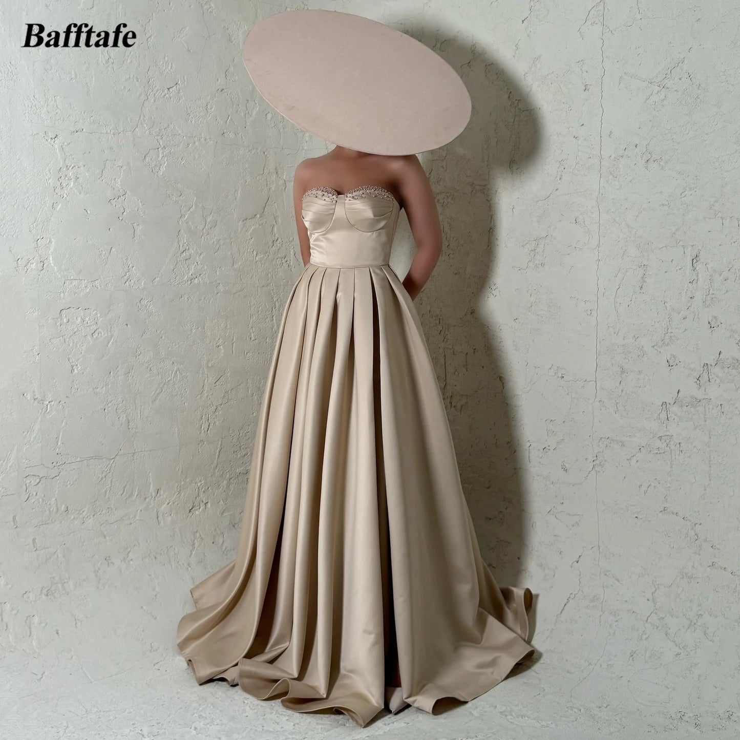 Bafftafe A Line Satin Evening Dresses Customized Pearls Sweetheart Women Formal Party Prom Dress Slit Corset Bridesmaid Gowns