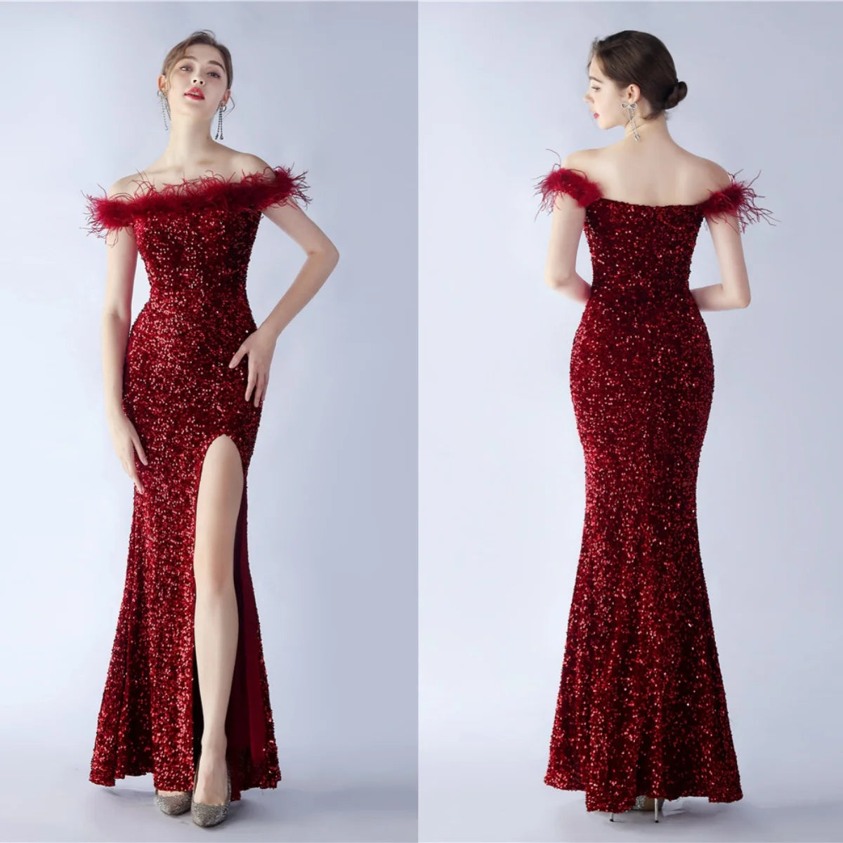 Maxy Evening Dress Burgundy Sequins Stretchy Off the Shoulder Feather Zipper Mermaid Trumpet Floor Length Women Party Formal Gowns