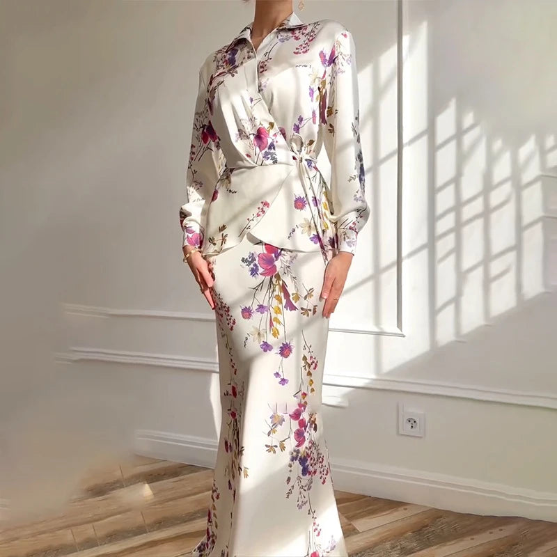 Maxy Ladies V-neck Long Sleeved Top and Skirt Two Piece Sets Spring Fashion Floral Print Slim Fit Suit Elegant Lace Up Party Outfits