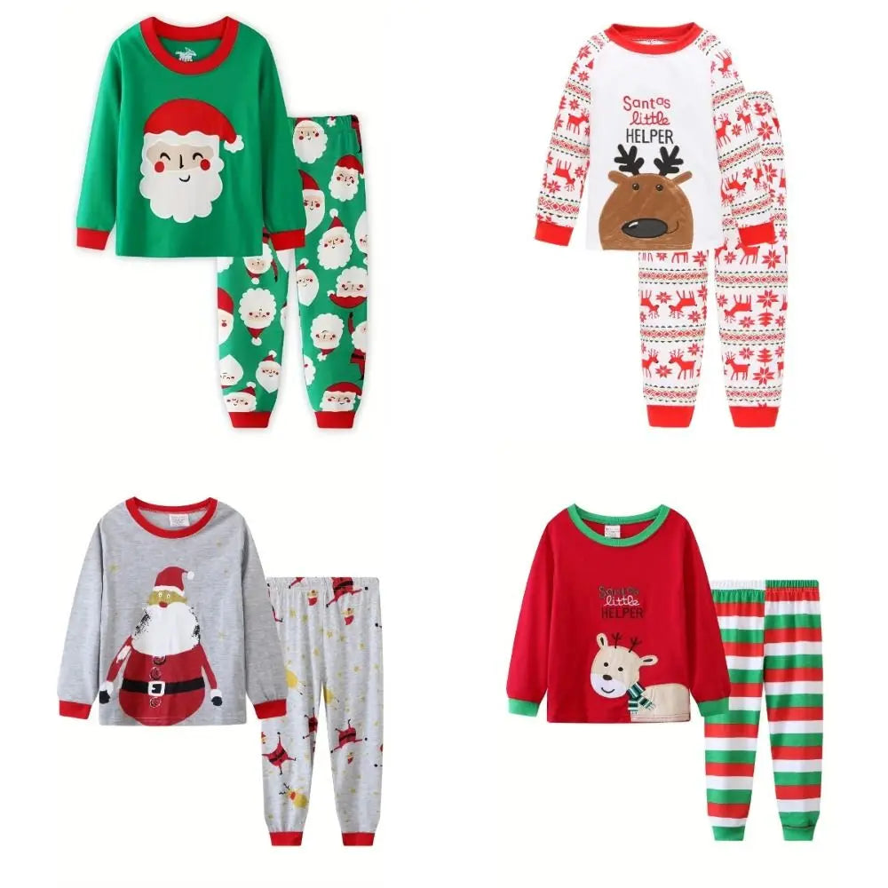 Maxy Autumn Winter Cotton Children Pajama's Set Santa Claus Striped Long Sleeve Top & Pants Thermal Underwear Cute Christmas Pajamas