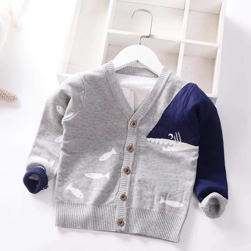 Babs Boys Sweater Cardigan Coat 2024 Autumn Winter Children's Sweaters Kids Knit Clothes Cartoon Whale V-Neck Toddler Sweaters