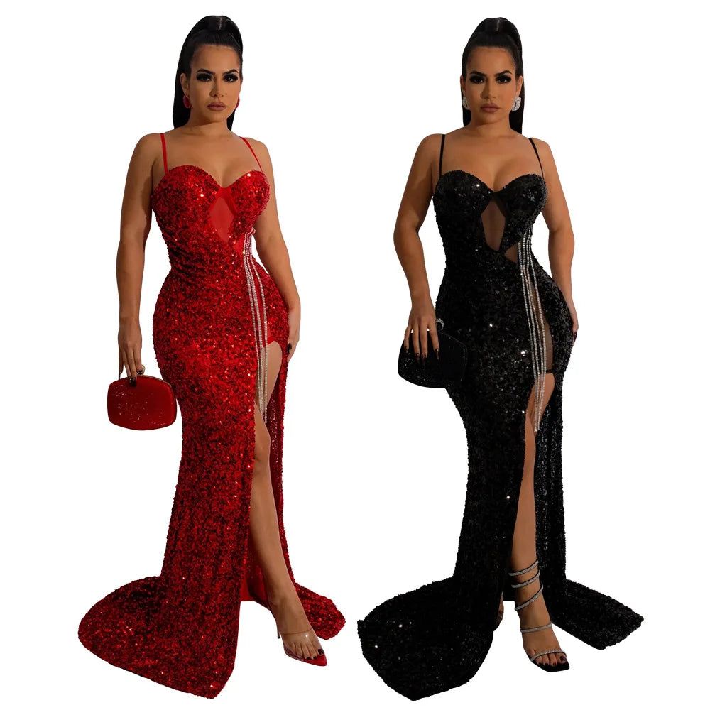 Maxy Luxury Women Spaghetti Strap Mesh Patchwork Diamond Chain Side Split Sequins Bodycon Birthday Party Gowns Wedding dresss