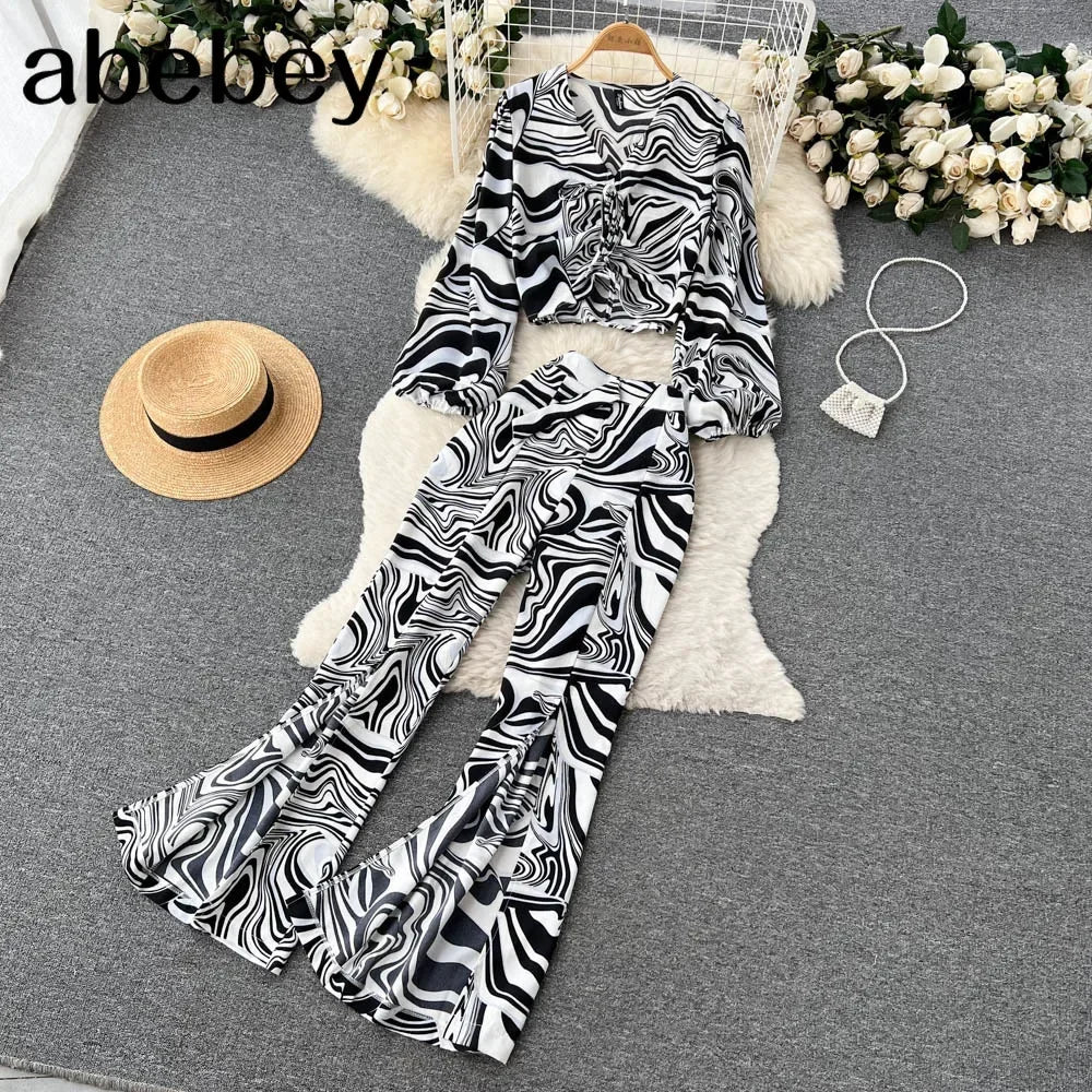 Maxy Summer Women Floral Printed Two Piece Set Sexy V Neck Lantern Sleeve Short Tops + Wide Leg Pants Suit Vacation Beach New