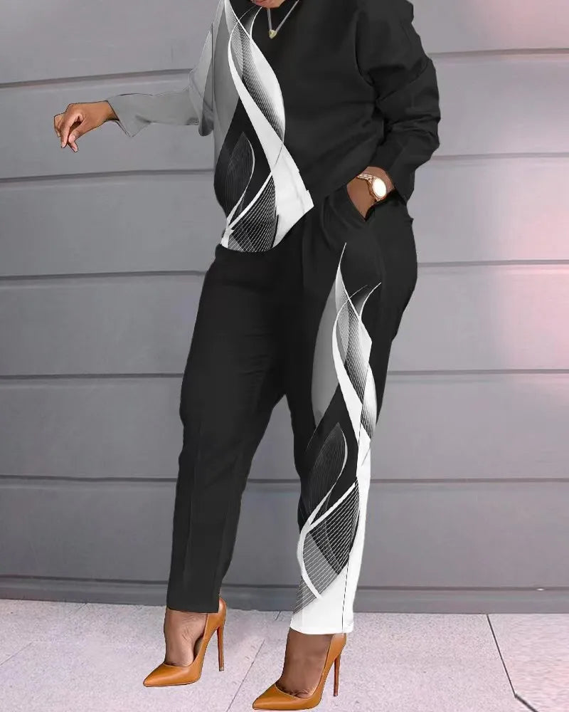 Amay 2 Piece Sets Women Outfits Autumn Winter New Print Long Sleeve Top & Fashion Pants Set Casual Suits Streetwear Y2k Clothes