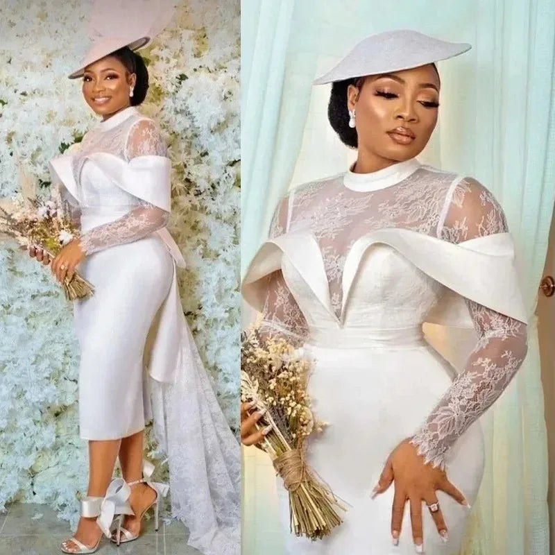 Customized New Short Wedding Dresses Mermaid Lace Long Sleeves Tea Length Satin Classic African Women Prom Bridal Party Gown