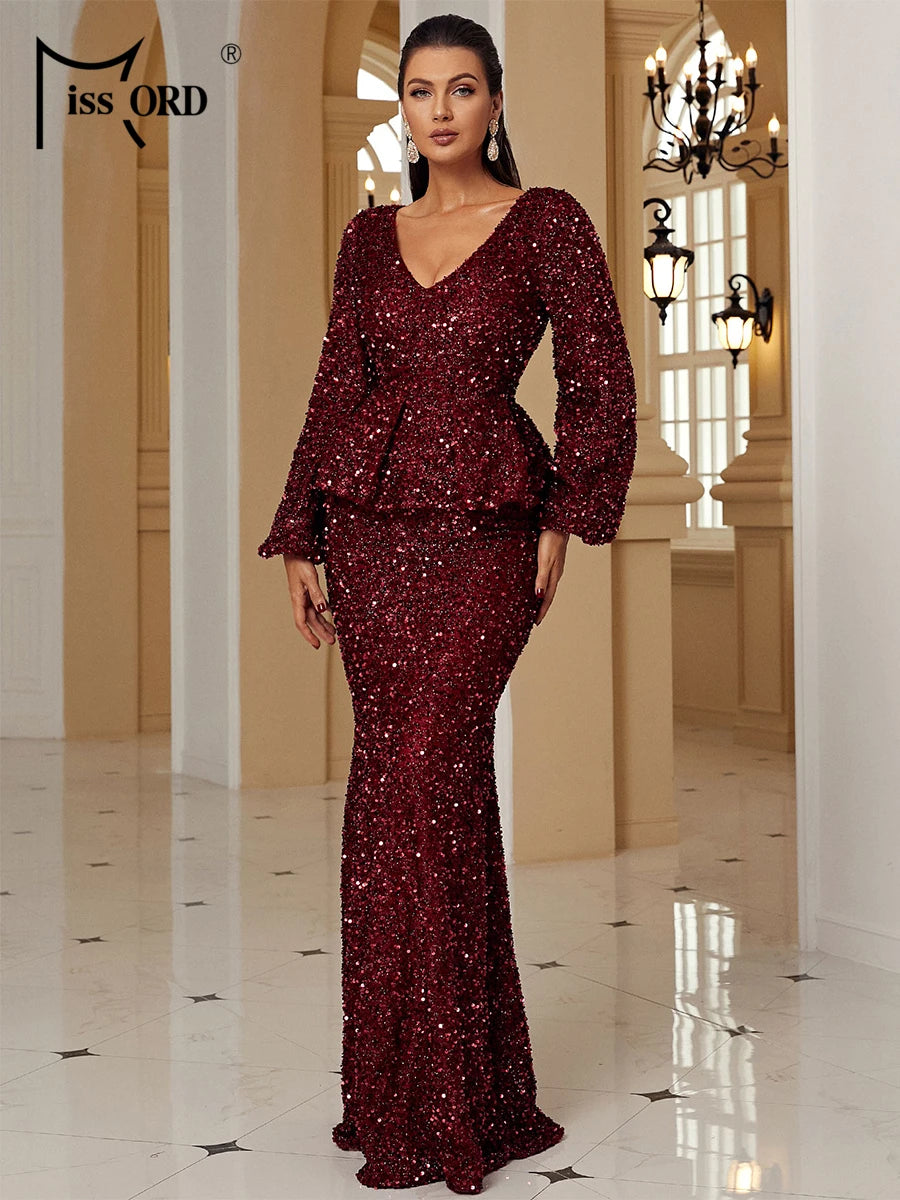 Momsey New Long Sleeve Maxy Evening Dress Lantern Sleeve Sequin Prom Dress Elegant Dresses For Party Dress