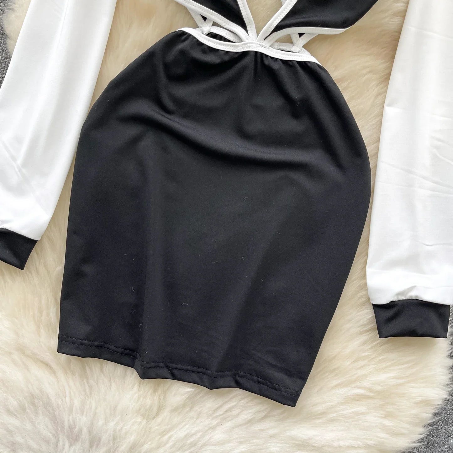 Amay Elegant Long Sleeves Vintage Stand Collar Chic Hollow Out Backless Slim Pencil Short Dresses Evening High Street Autumn Clothing