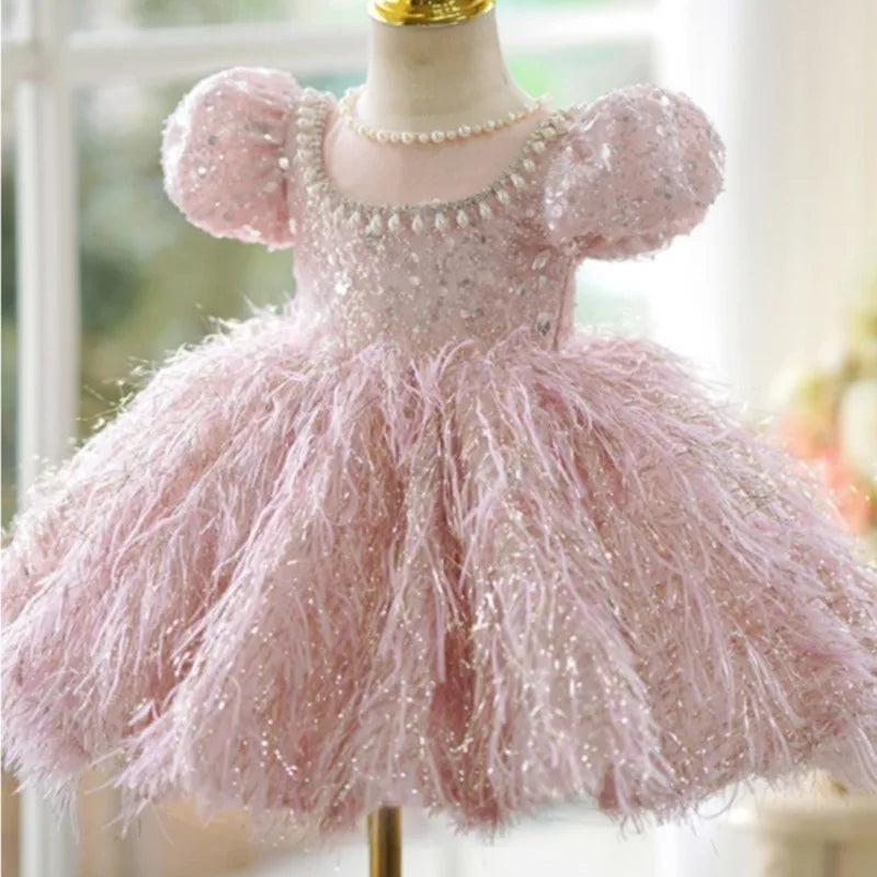 Maxy Fashion Baby Girl Princess Sequins Feather Dress Puffy Sleeve Toddler Child Pearl Vestido Party Birthday Baby Clothes 2-14Y