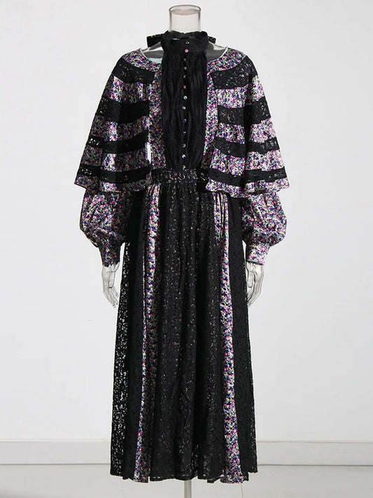 Maxy Hit Color Printing Hollow Out Dresses For Women Stand Collar Long Sleeve High Waist Spliced Button Temperament Dress Female