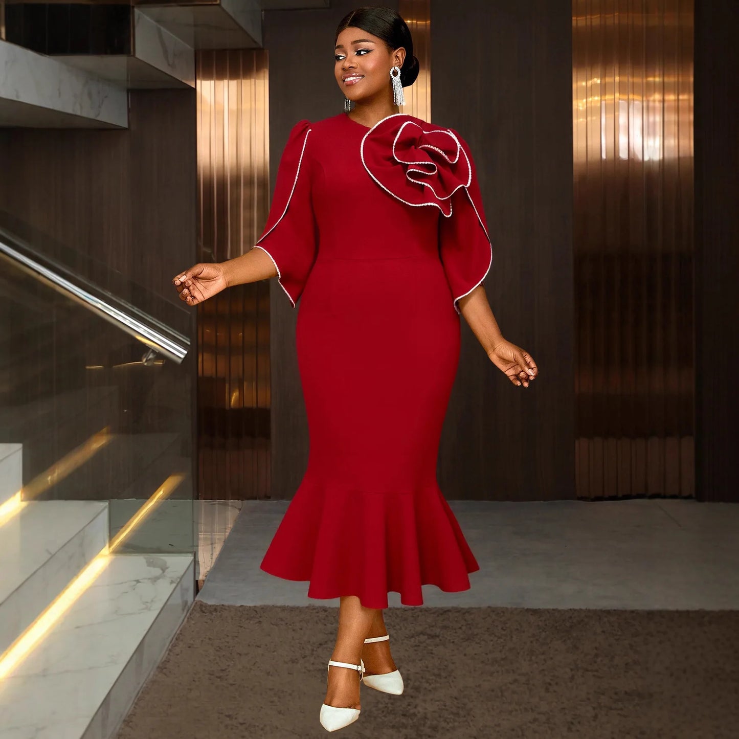 Maxy L-4XL Red Plus Size Dresses for Women Elegant African Short Sleeve Party Evening Bodycon Midi Dress Africa Clothing