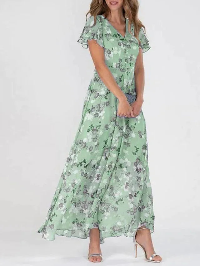 Female Vintage Floral Printing Chic Dress Women Summer Elegant V Neck Maxi Party Dresses Casual Chiffon Beach Long Dress Vestido