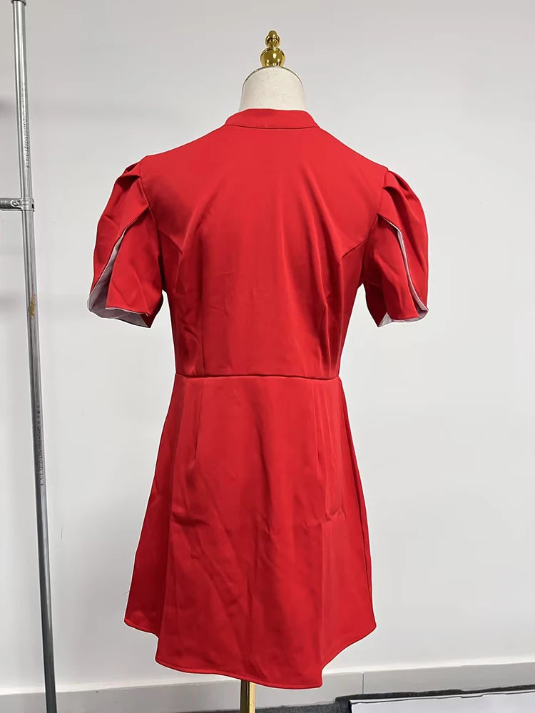 Maxy TWOTWINSTYLE Hit Color Spliced Bowknot Dresses For Women Stand Collar Short Sleeve Single Breasted Hollow Out Mini Dress Female