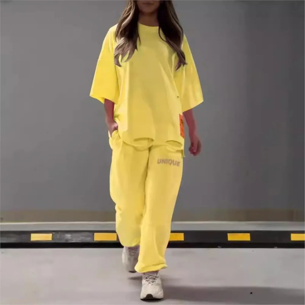 Maxy Summer New Fashion Hollowed Out O Neck T Shirt Women's 2 Piece Set Solid Color Casual Relaxed Tracksuit Pants Pocket Female Suit