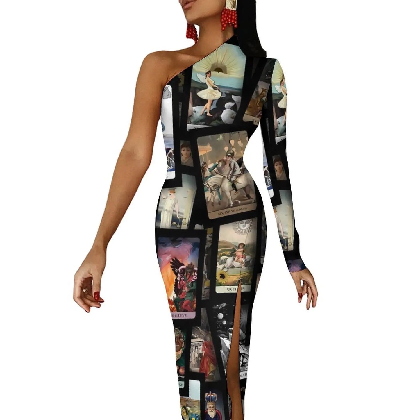 Maxy Gold And Black Tarot Bodycon Dress Women's Major Arcana Night Club Maxy Dress Long Sleeve Party Custom Dresses Birthday Present