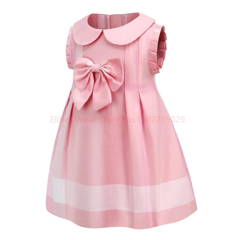 Maxy 2024 Summer New Dress Children's Sleeveless Cute Bow A-line Skirt Girls Princess Plaid Cotton Cothes Baby Kids Fashion Clothing