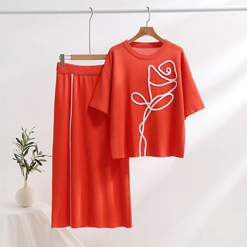 Maxy Casual Spring Summer Knitted Two Piece Women Sets Loungewear Knit Skirt 2 Piece Set Floral Short Sleeve Knitted Dress Sets Women