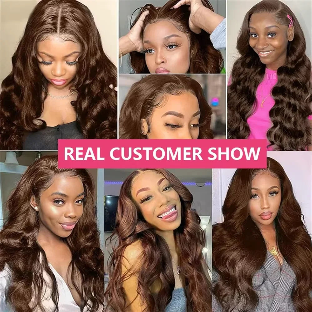 Chocolate Brown 13x6 13x4 Body Wave Layered Cut Human Wig Lace Front Human Hair Wigs Brown Colored Wigs 220% Density For Women