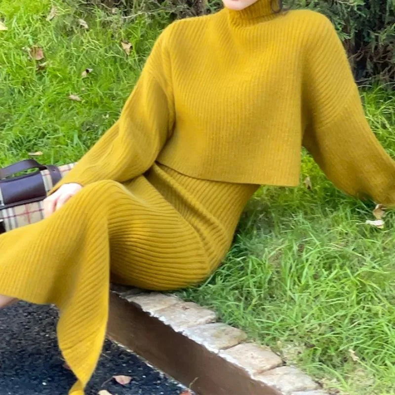 Set Of Female 2023 French Retro Women Loose fitting High Collar Puyuan Sweater Knitted Dress Two Piece Set Of Dress Female