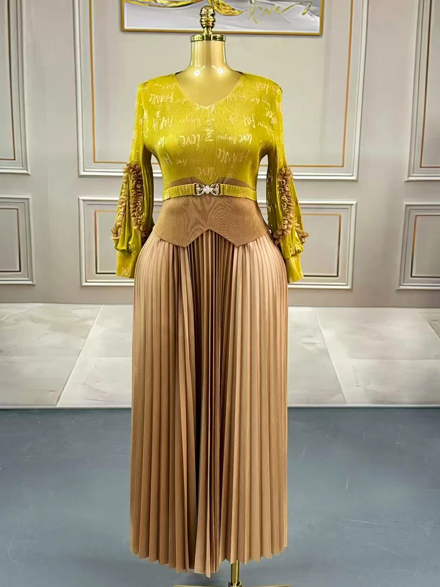 Maxy Women's Evening Gala Long Sleeve Dresses Plus Size Clothes Elegant Party Gowns Female Luxury Prom Miyake Pleated Dresses