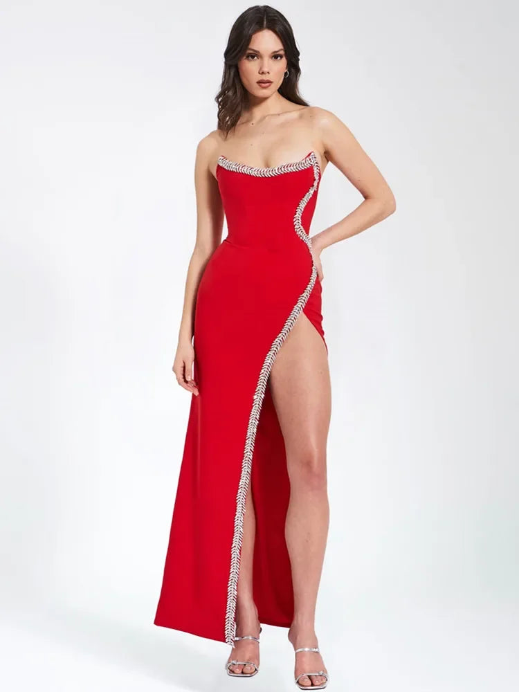 Women Red Party Dress Luxury Designer Strapless Crystal Open Leg Maxy Long Elastic Bandage Dress Celebrity Evening Gala Gowns