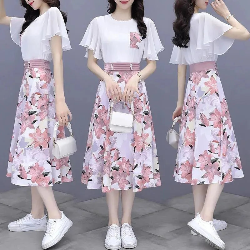 Maxy Women's Suits Summer New Fashion Casual Slim Temperament Floral T-shirts Skirts Female Two Piece Sets SJ431